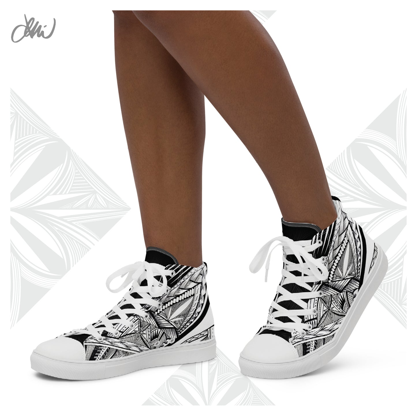 Samoa Tatau Black White Women’s high top canvas shoes